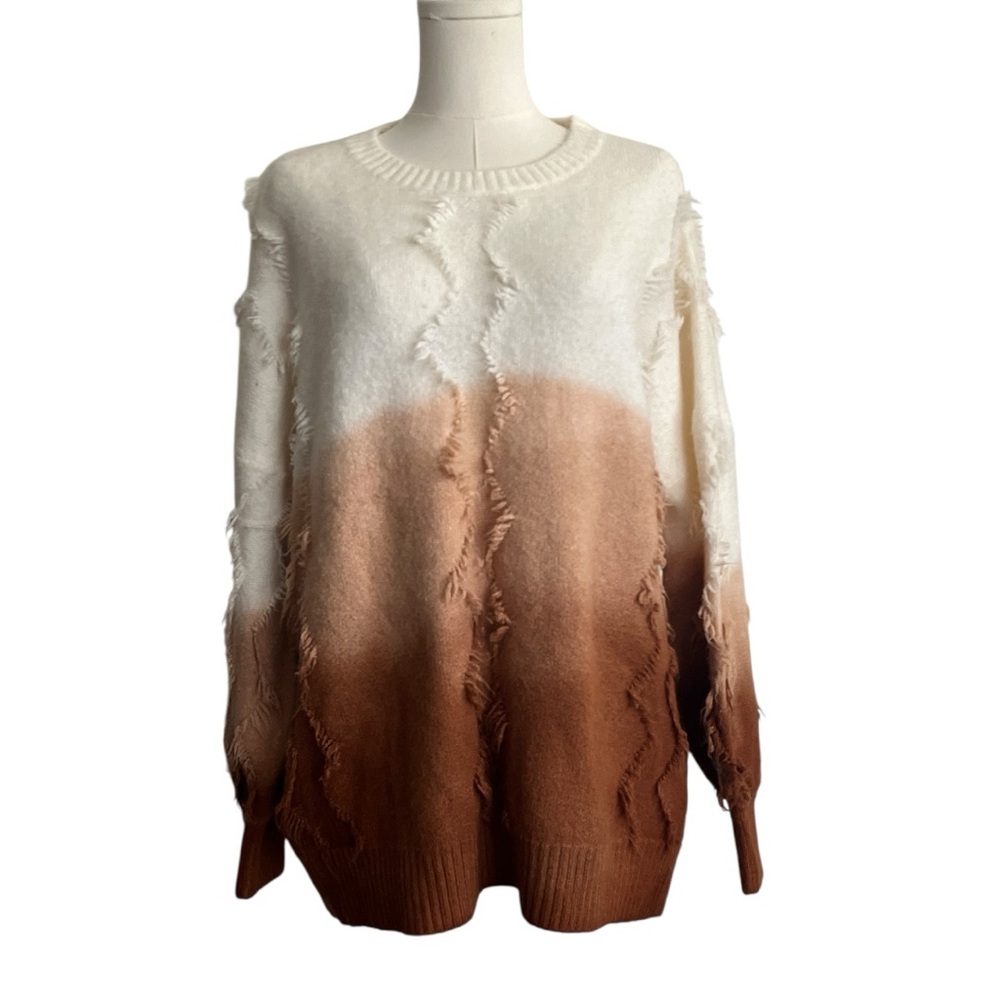 Macaron Ombre Fringe Brown and Cream Oversized Sweater Sz S